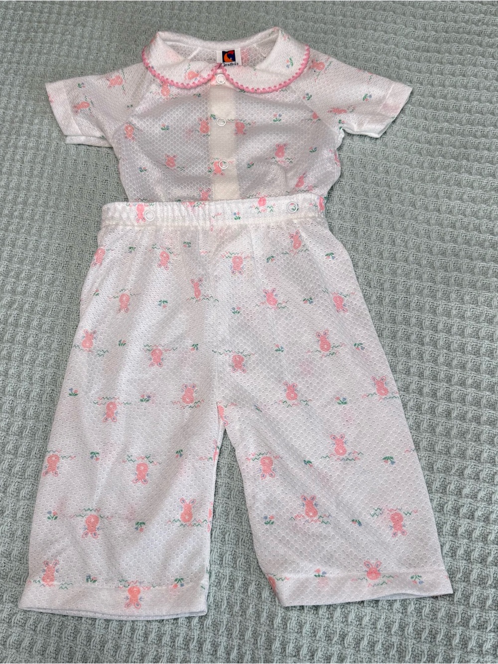 Vintage 80s Carters Pajama Set Baby Girl 6M White Pink Bunnies Snap Waist USA